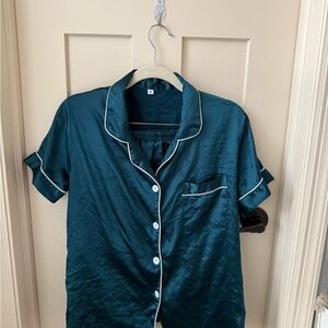 Teal Satin Pajama Top with White Piping
